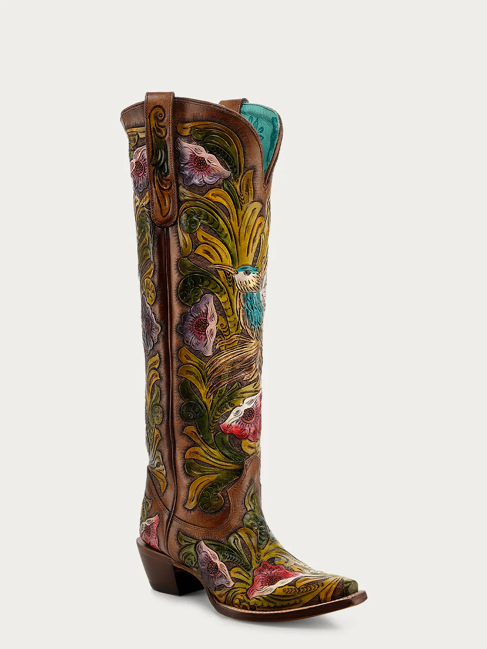 A4980 - WOMEN’S HAND PAINTED AND TOOLED HUMMINGBIRD BROWN TALL TOP SNIP TOE COWBOY BOOT - Image 3