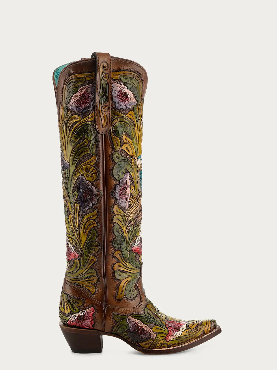 A4980 - WOMEN’S HAND PAINTED AND TOOLED HUMMINGBIRD BROWN TALL TOP SNIP TOE COWBOY BOOT - Image 5