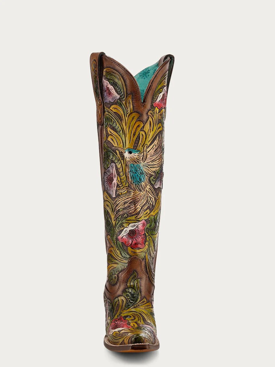 A4980 - WOMEN’S HAND PAINTED AND TOOLED HUMMINGBIRD BROWN TALL TOP SNIP TOE COWBOY BOOT - Image 7