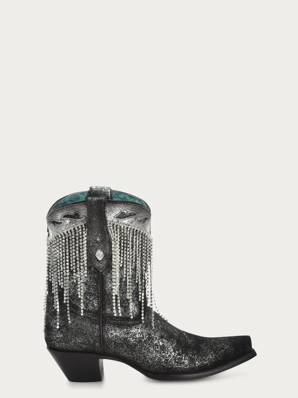Z5252-WOMEN'S CRYSTALS FRINGE BLACK AND SILVER SNIP TOE ANKLE BOOT - Image 3