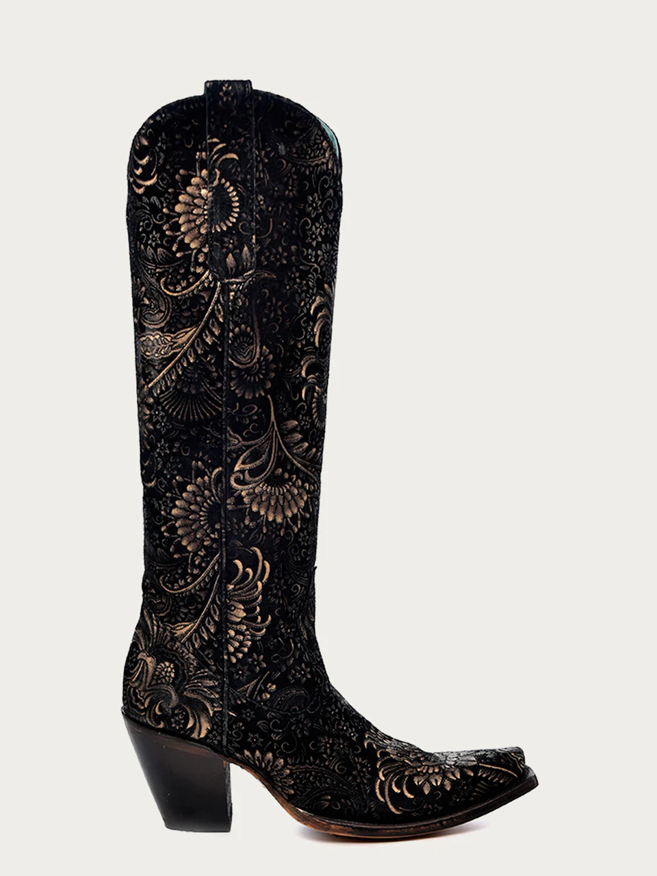 A4481 - WOMEN'S GOLD STAMPED FLORAL BLACK SUEDE SNIP TOE COWBOY BOOT - Image 3