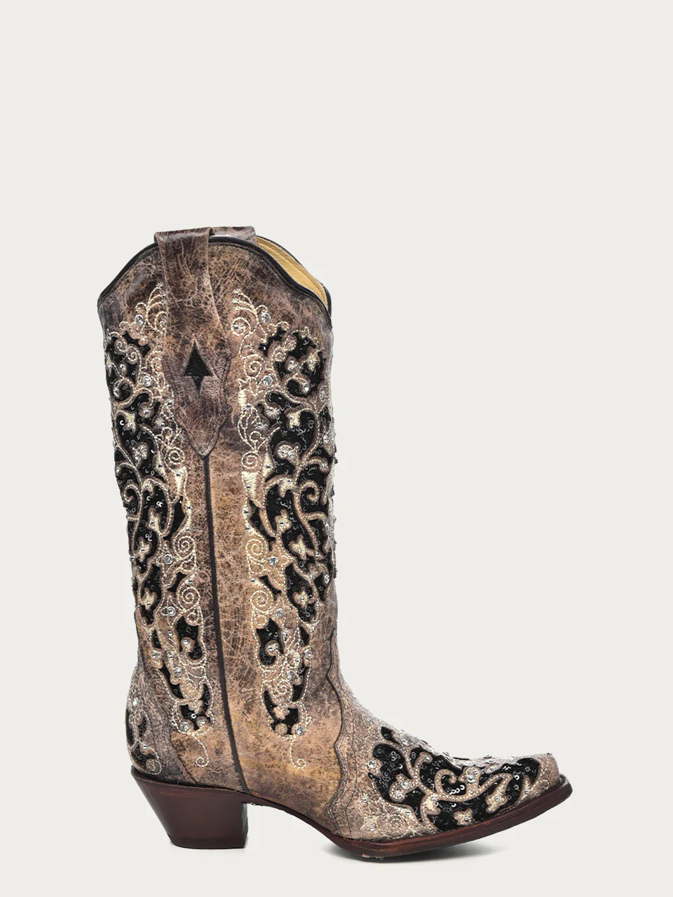 A3569 - WOMEN'S BLACK GLITTER INLAY FLORAL OVERLAY WITH CRYSTALS AND STUDS SNIP TOE BROWN COWBOY BOOT - Image 3