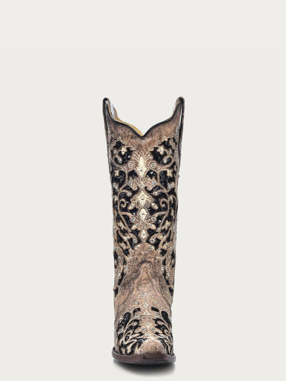 A3569 - WOMEN'S BLACK GLITTER INLAY FLORAL OVERLAY WITH CRYSTALS AND STUDS SNIP TOE BROWN COWBOY BOOT - Image 4