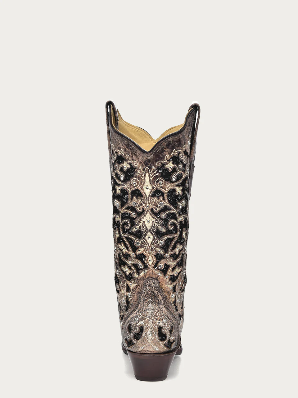 A3569 - WOMEN'S BLACK GLITTER INLAY FLORAL OVERLAY WITH CRYSTALS AND STUDS SNIP TOE BROWN COWBOY BOOT - Image 5