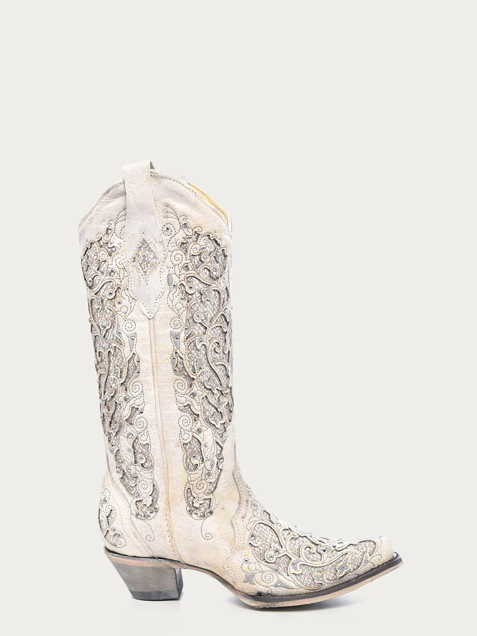 A3322 - WOMEN'S WHITE GLITTERED INLAY AND CRYSTALS SNIP TOE WEDDING COWBOY BOOT - Image 3