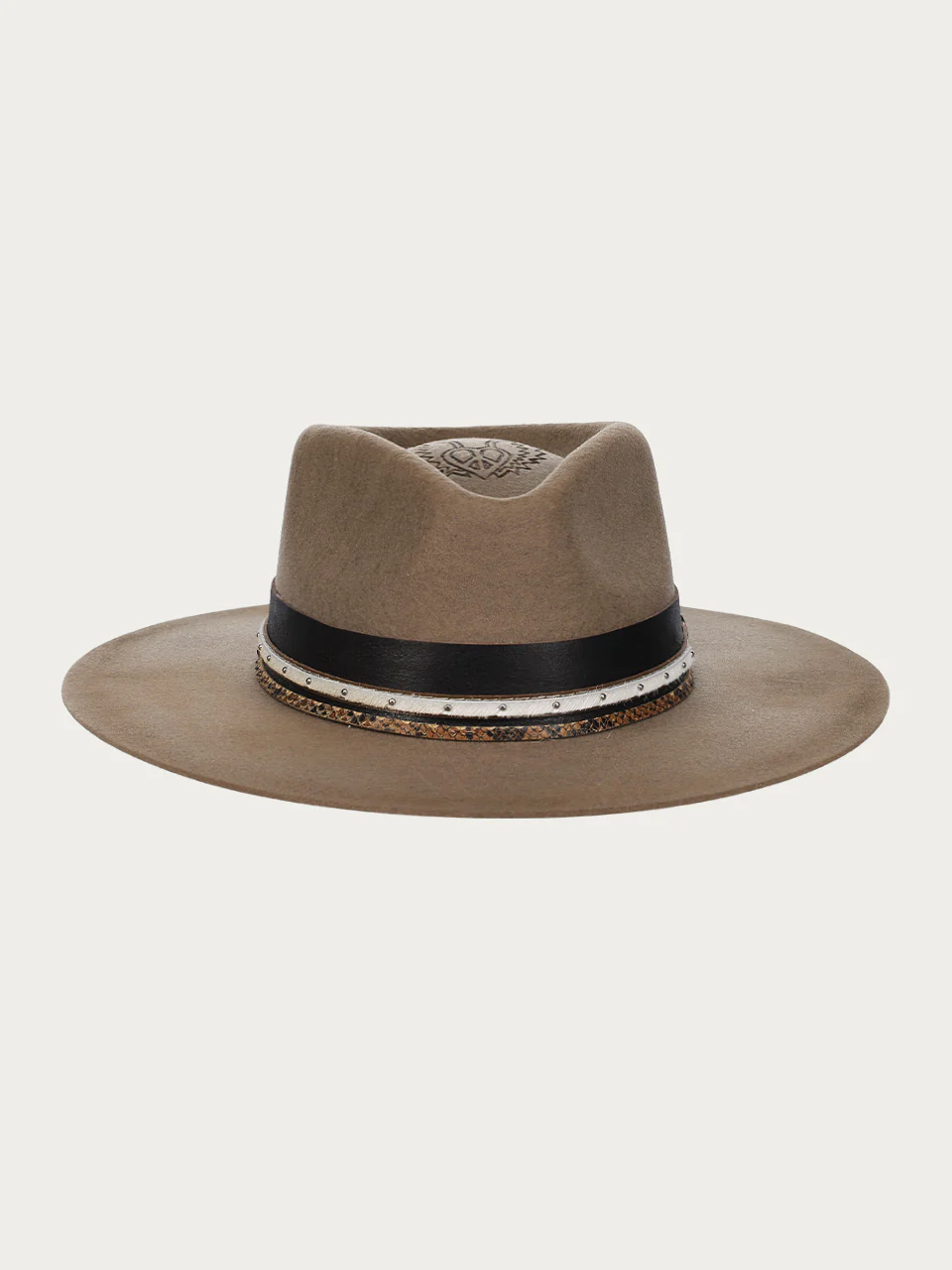 H0004 - DISTRESSED TAN HEART AND WINGS ON CROWN COWGIRL HAT WITH BROWN LEATHER CROSSPIECE AND PYTHON PRINT HATBAND - Image 3