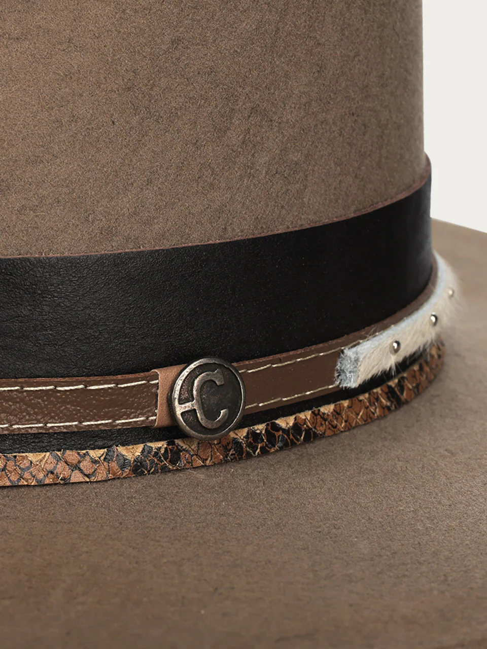 H0004 - DISTRESSED TAN HEART AND WINGS ON CROWN COWGIRL HAT WITH BROWN LEATHER CROSSPIECE AND PYTHON PRINT HATBAND - Image 6