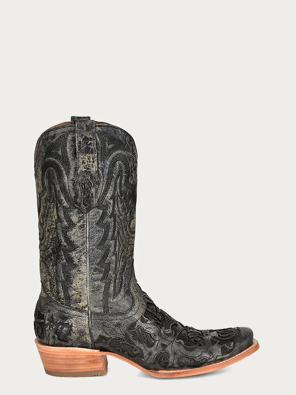 A4338 - MEN'S BLACK ALLIGATOR INLAY EMBROIDERY NARROW SQUARE TOE COWBOY BOOT - Image 3