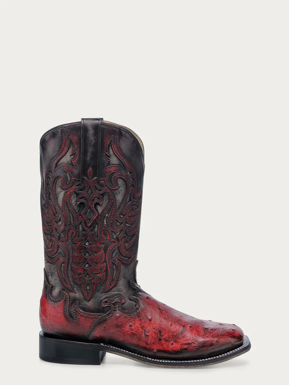 A4776 - MEN'S BLACK EMBROIDERY AND OVERLAY RED OSTRICH WIDE SQUARE TOE COWBOY BOOT - Image 3