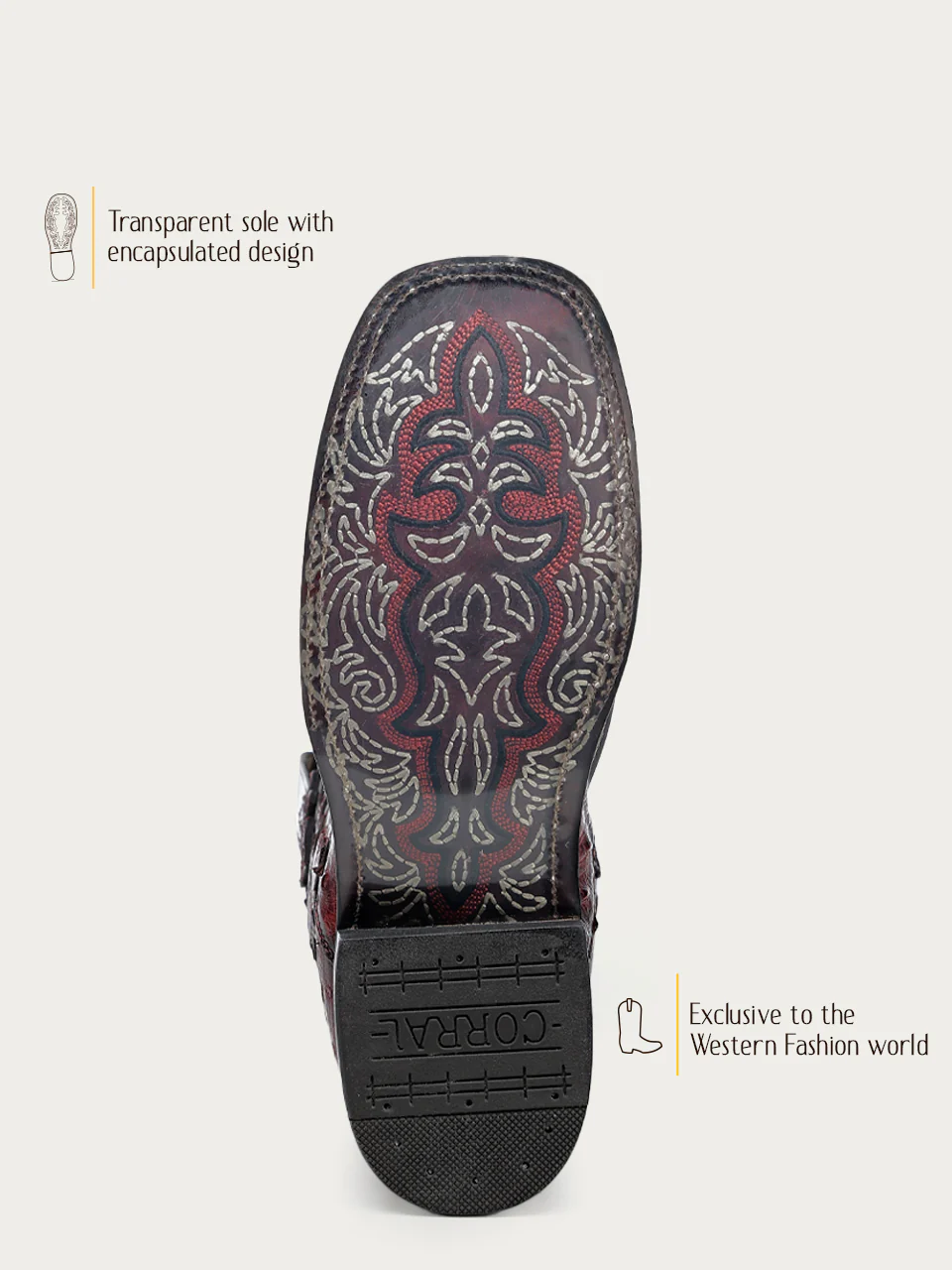 A4776 - MEN'S BLACK EMBROIDERY AND OVERLAY RED OSTRICH WIDE SQUARE TOE COWBOY BOOT - Image 4