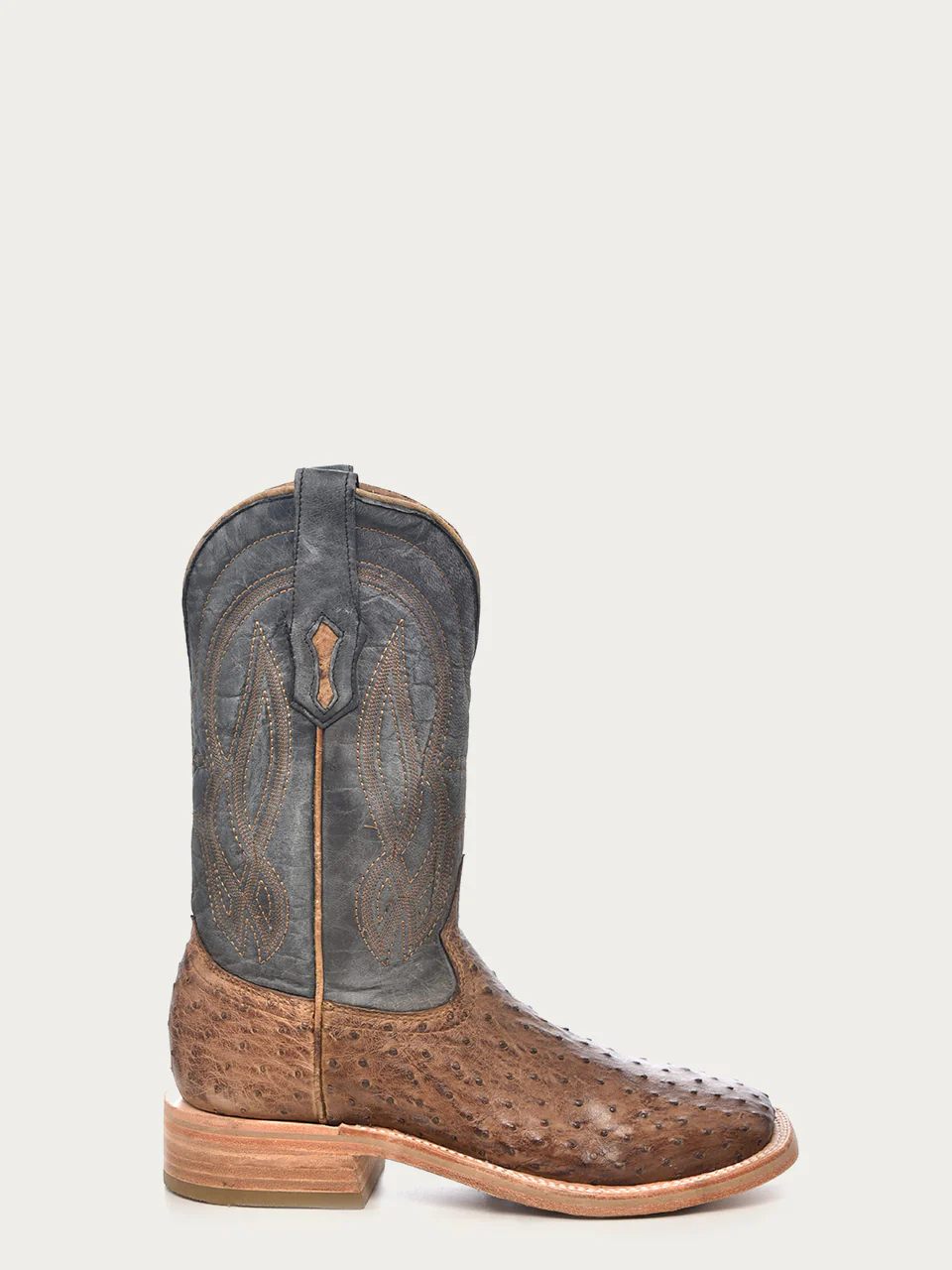 A4052 - MEN'S EMBROIDERY BROWN FULL QUILL OSTRICH SQUARE TOE BLUE COWBOY BOOT - Image 3