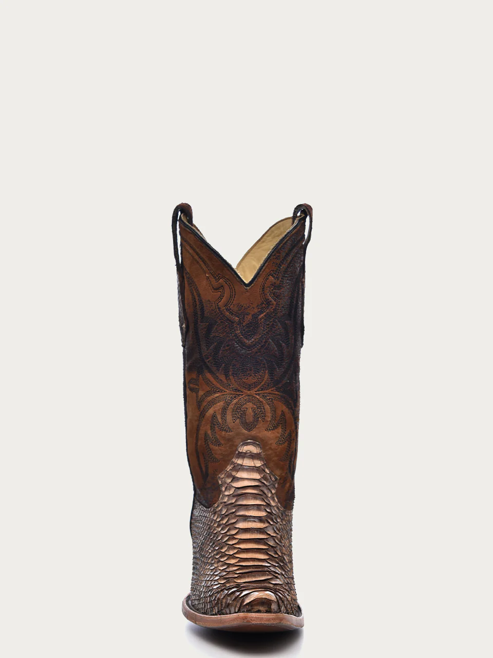 A4452 - MEN'S EMBROIDERY LAMB SHAFT GENUINE BROWN PYTHON VAMP SNIP TOE COWBOY BOOT - Image 5