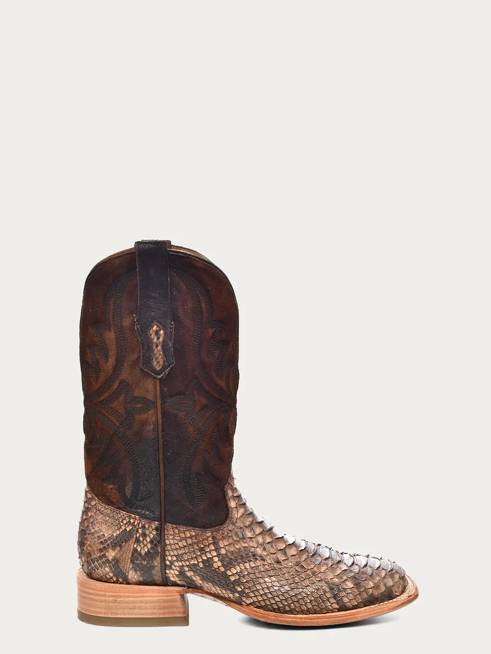 A4499 - MEN'S EMBROIDERY LAMB SHAFT GENUINE BROWN PYTHON VAMP WIDE SQUARE TOE COWBOY BOOT - Image 3