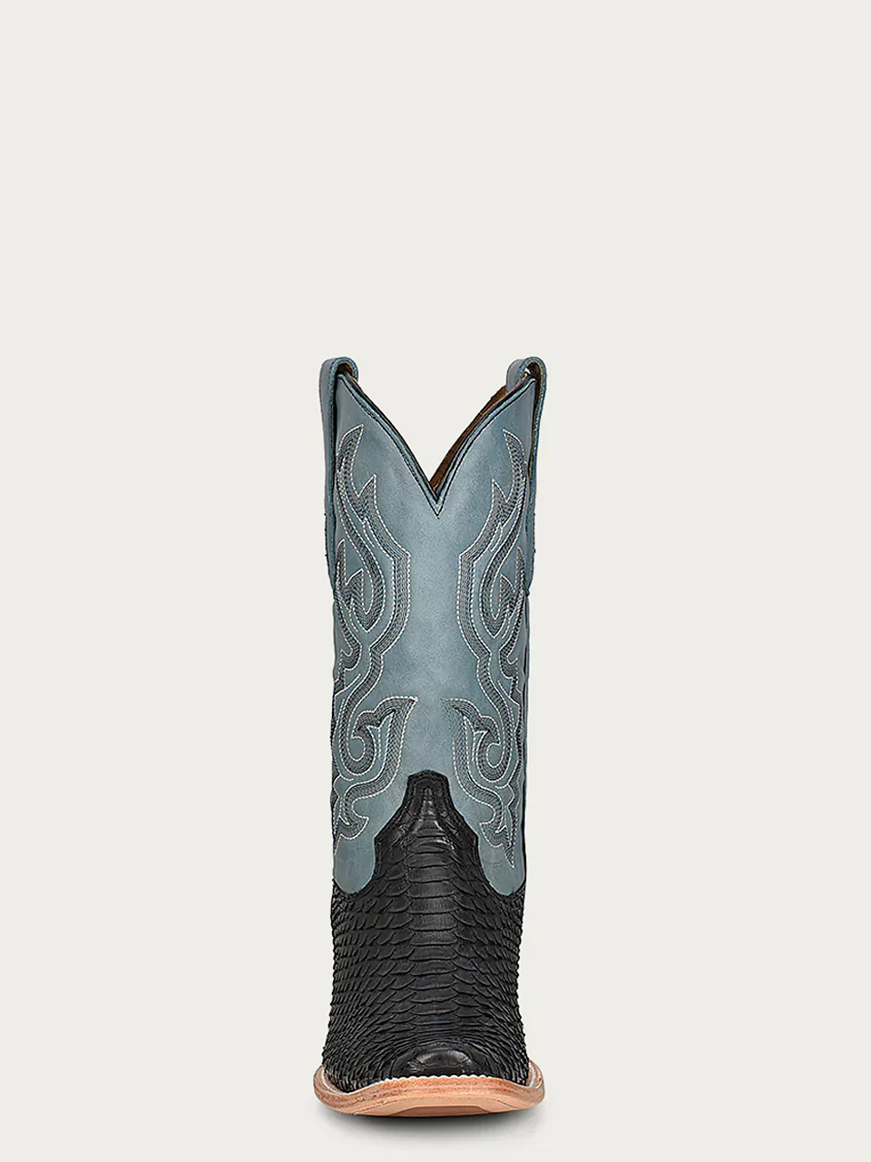 A4288 - MEN'S EMBROIDERY SHAFT GENUINE BLACK PYTHON VAMP NARROW SQUARE TOE BLUE COWBOY BOOT - Image 3