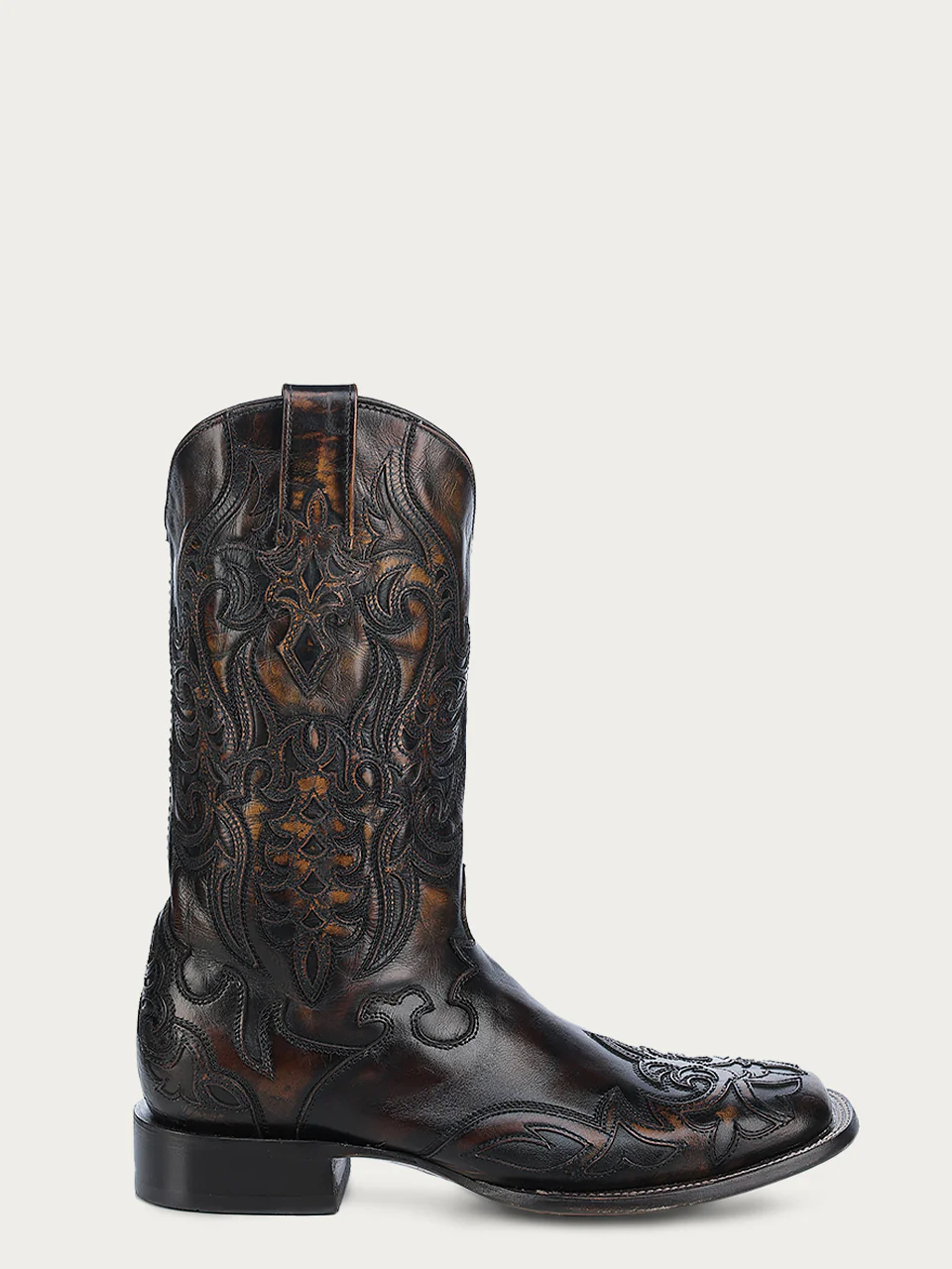 A4655 - MEN'S HONEY OVERLAY AND EMBROIDERY BLACK WIDE SQUARE TOE COWBOY BOOT - Image 3