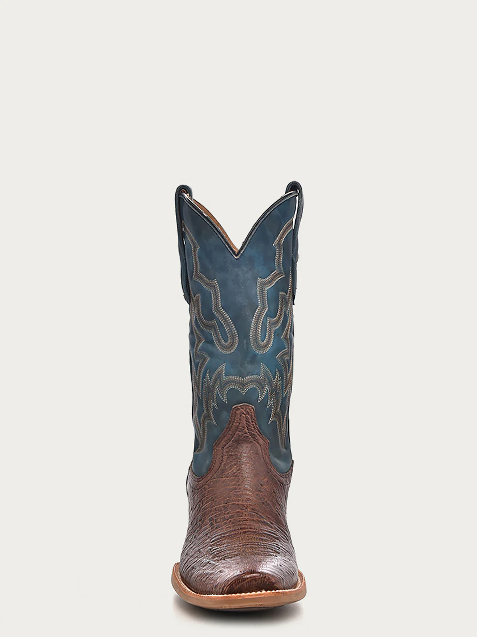 A4402 - MEN'S NAVY-BLUE EMBROIDERY NARROW SQUARE TOE BROWN OSTRICH COWBOY BOOT - Image 3