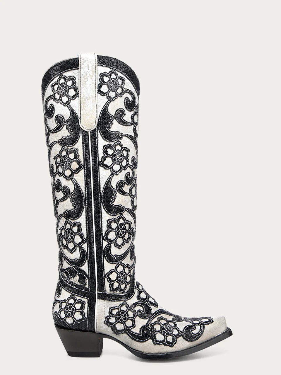A4866 - WOMEN'S BLACK FLORAL OVERLAY EMBROIDERY AND SEQUINS SNIP TOE TALL TOP WHITE COWBOY BOOT - Image 3