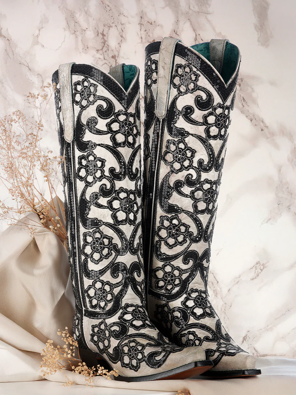 A4866 - WOMEN'S BLACK FLORAL OVERLAY EMBROIDERY AND SEQUINS SNIP TOE TALL TOP WHITE COWBOY BOOT - Image 4