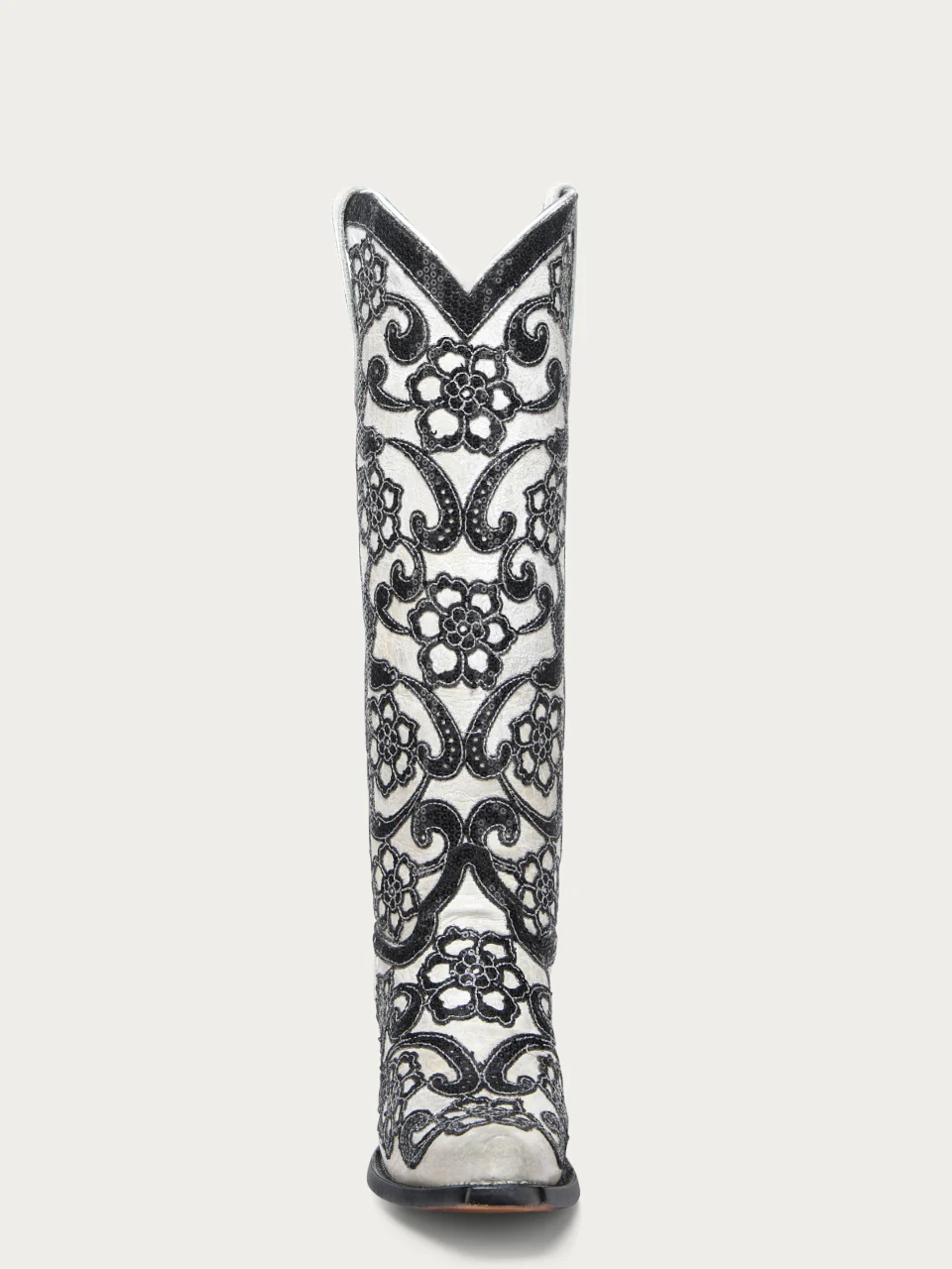 A4866 - WOMEN'S BLACK FLORAL OVERLAY EMBROIDERY AND SEQUINS SNIP TOE TALL TOP WHITE COWBOY BOOT - Image 5