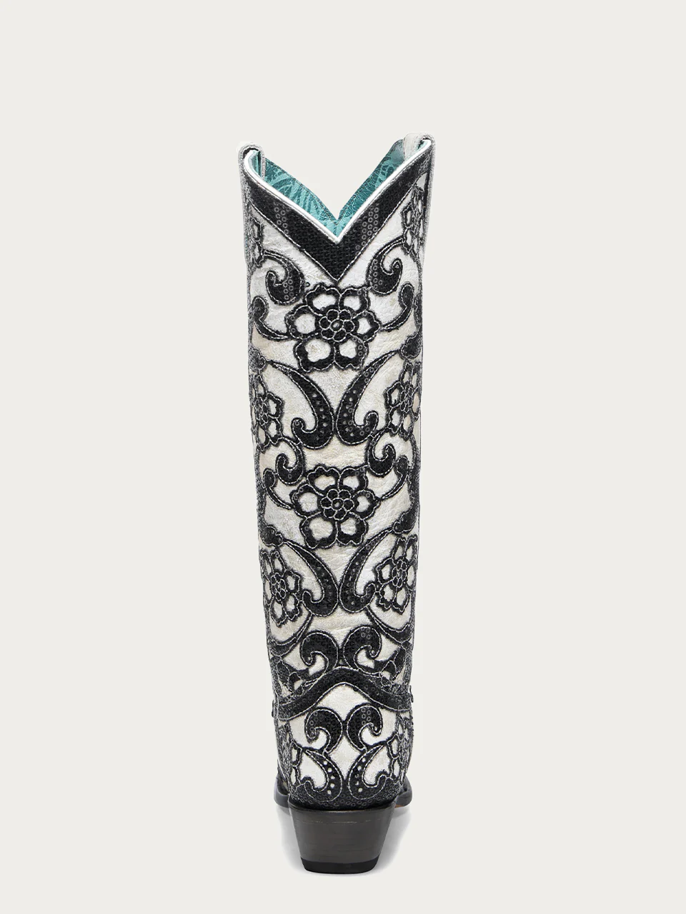 A4866 - WOMEN'S BLACK FLORAL OVERLAY EMBROIDERY AND SEQUINS SNIP TOE TALL TOP WHITE COWBOY BOOT - Image 6