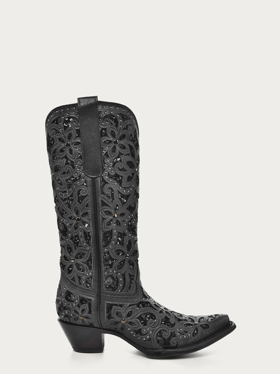 A3752 - WOMEN'S BLACK GLITTER INLAY FLORAL OVERLAY WITH CRYSTALS AND STUDS SNIP TOE BLACK COWBOY BOOT - Image 3