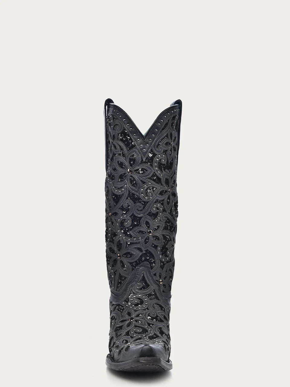 A3752 - WOMEN'S BLACK GLITTER INLAY FLORAL OVERLAY WITH CRYSTALS AND STUDS SNIP TOE BLACK COWBOY BOOT - Image 4