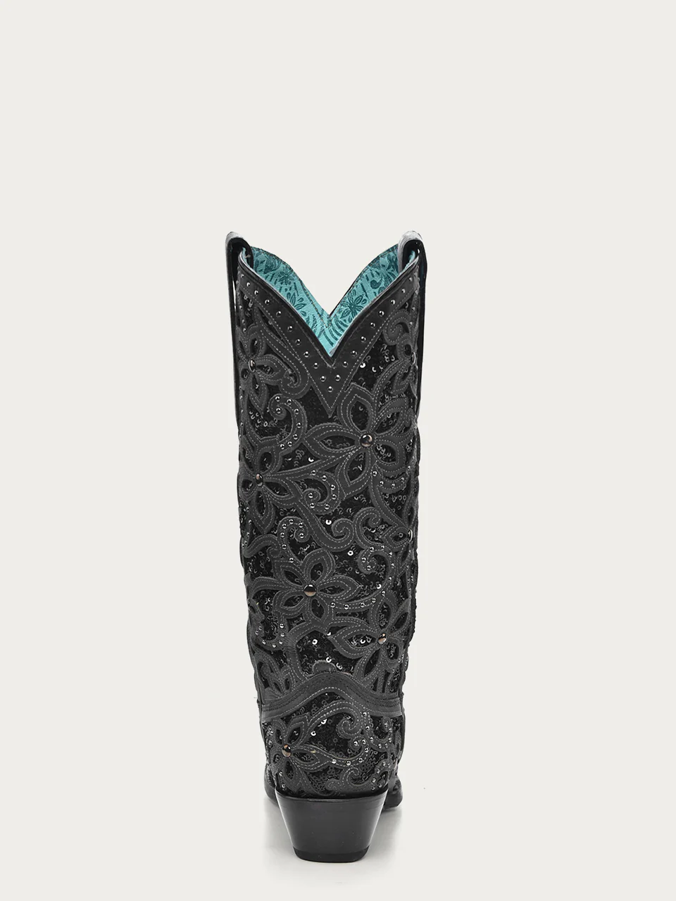 A3752 - WOMEN'S BLACK GLITTER INLAY FLORAL OVERLAY WITH CRYSTALS AND STUDS SNIP TOE BLACK COWBOY BOOT - Image 5