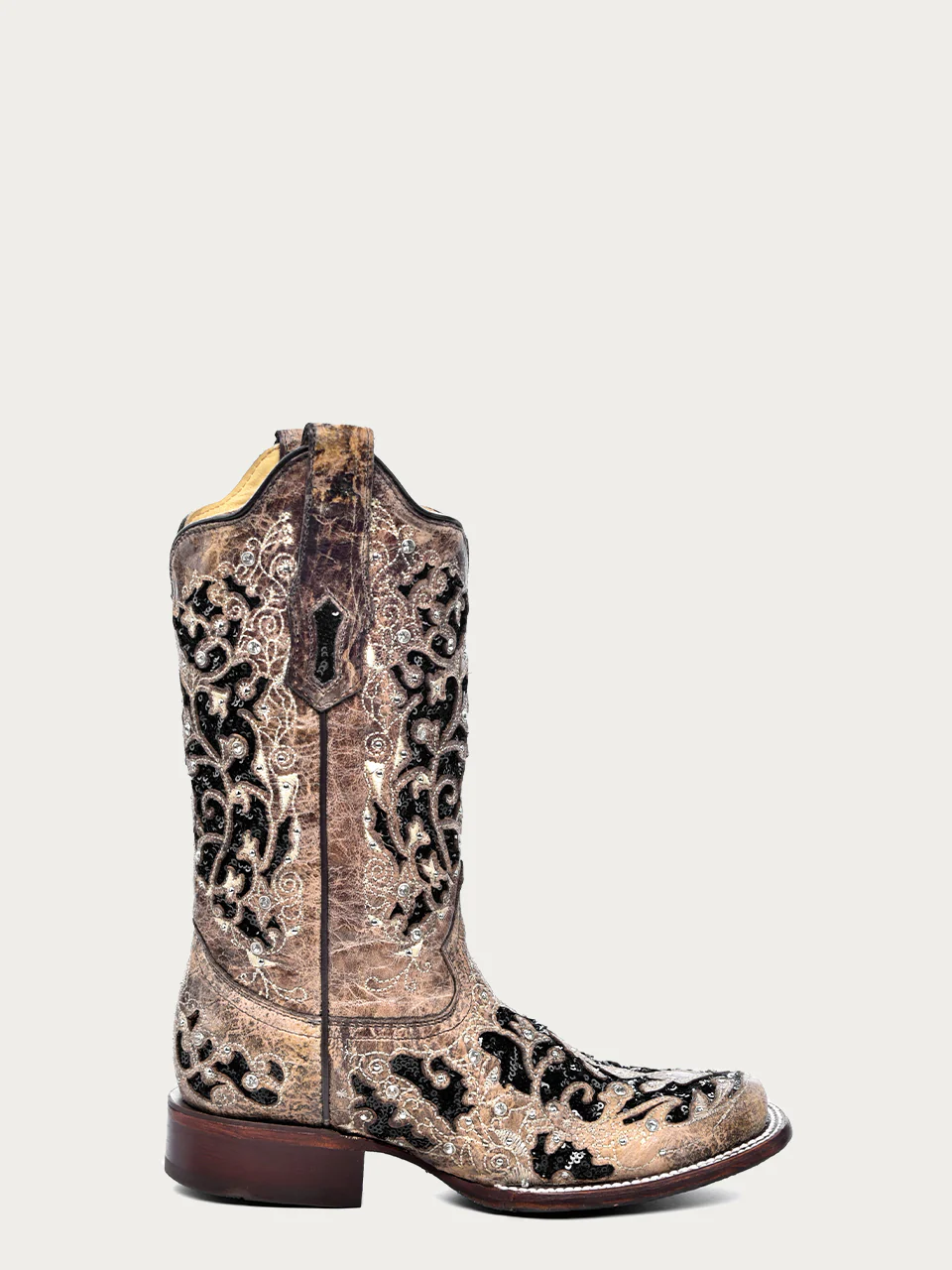 A3648 - WOMEN'S BLACK GLITTER INLAY FLORAL OVERLAY WITH CRYSTALS AND STUDS SQUARE TOE BROWN COWBOY BOOT - Image 3