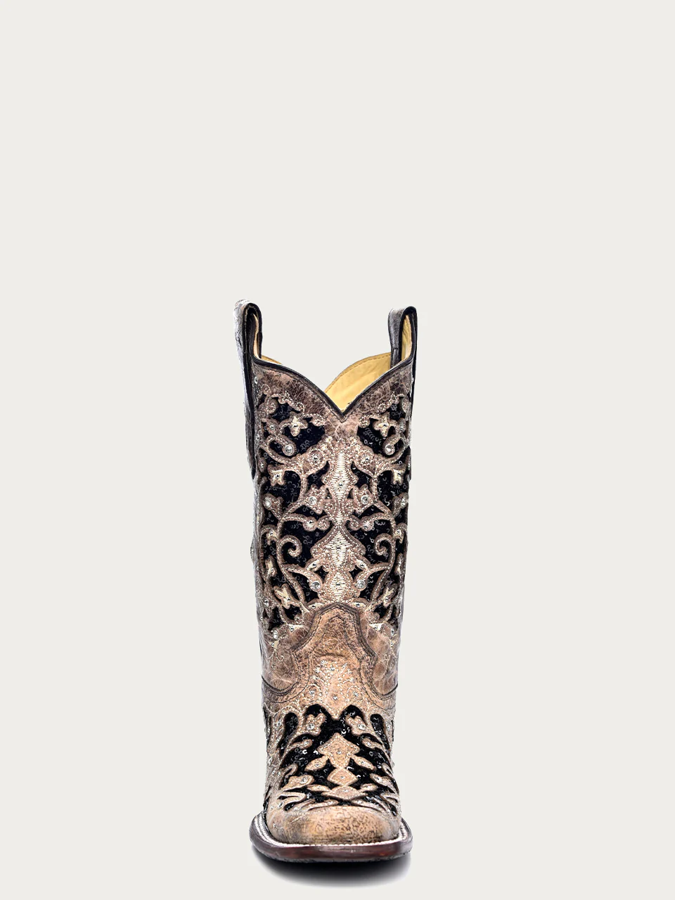 A3648 - WOMEN'S BLACK GLITTER INLAY FLORAL OVERLAY WITH CRYSTALS AND STUDS SQUARE TOE BROWN COWBOY BOOT - Image 4