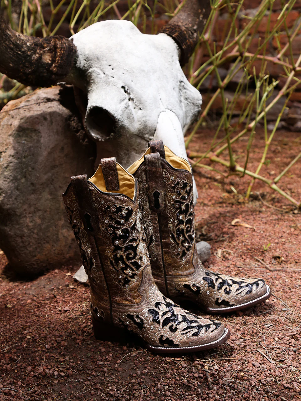 A3648 - WOMEN'S BLACK GLITTER INLAY FLORAL OVERLAY WITH CRYSTALS AND STUDS SQUARE TOE BROWN COWBOY BOOT - Image 5