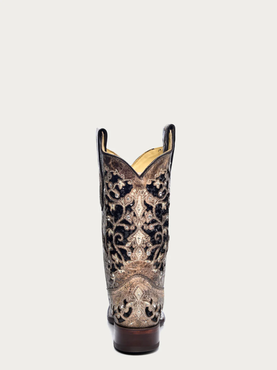 A3648 - WOMEN'S BLACK GLITTER INLAY FLORAL OVERLAY WITH CRYSTALS AND STUDS SQUARE TOE BROWN COWBOY BOOT - Image 6