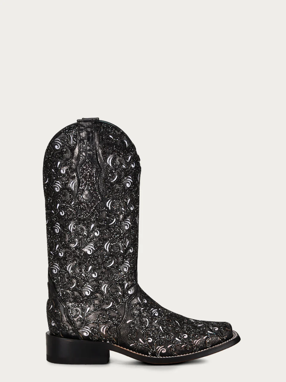 C4061 - WOMEN'S BLACK GLITTER OVERLAY WHITE EMBROIDERY BLACK SQUARE TOE COWBOY BOOT - Image 3