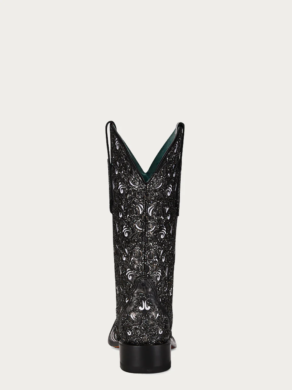 C4061 - WOMEN'S BLACK GLITTER OVERLAY WHITE EMBROIDERY BLACK SQUARE TOE COWBOY BOOT - Image 5
