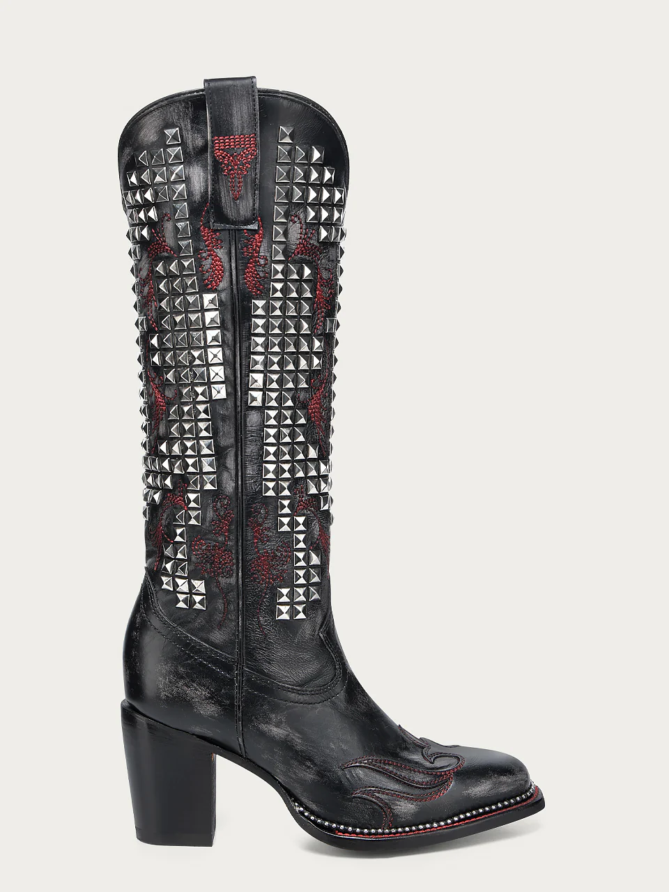 A4945 - WOMEN'S BONE OVERLAY EMBROIDERY AND STUDS BLACK NARROW SQUARE TOE TALL TOP COWBOY BOOT - Image 3