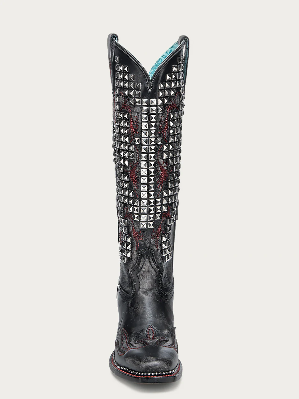 A4945 - WOMEN'S BONE OVERLAY EMBROIDERY AND STUDS BLACK NARROW SQUARE TOE TALL TOP COWBOY BOOT - Image 4