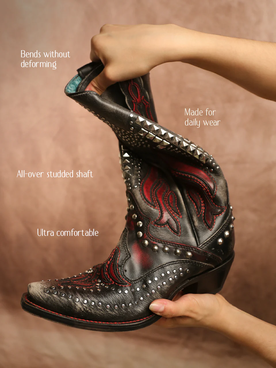 A4833 - WOMEN'S BONE OVERLAY EMBROIDERY AND STUDS BLACK SNIP TOE COWBOY BOOT - Image 4