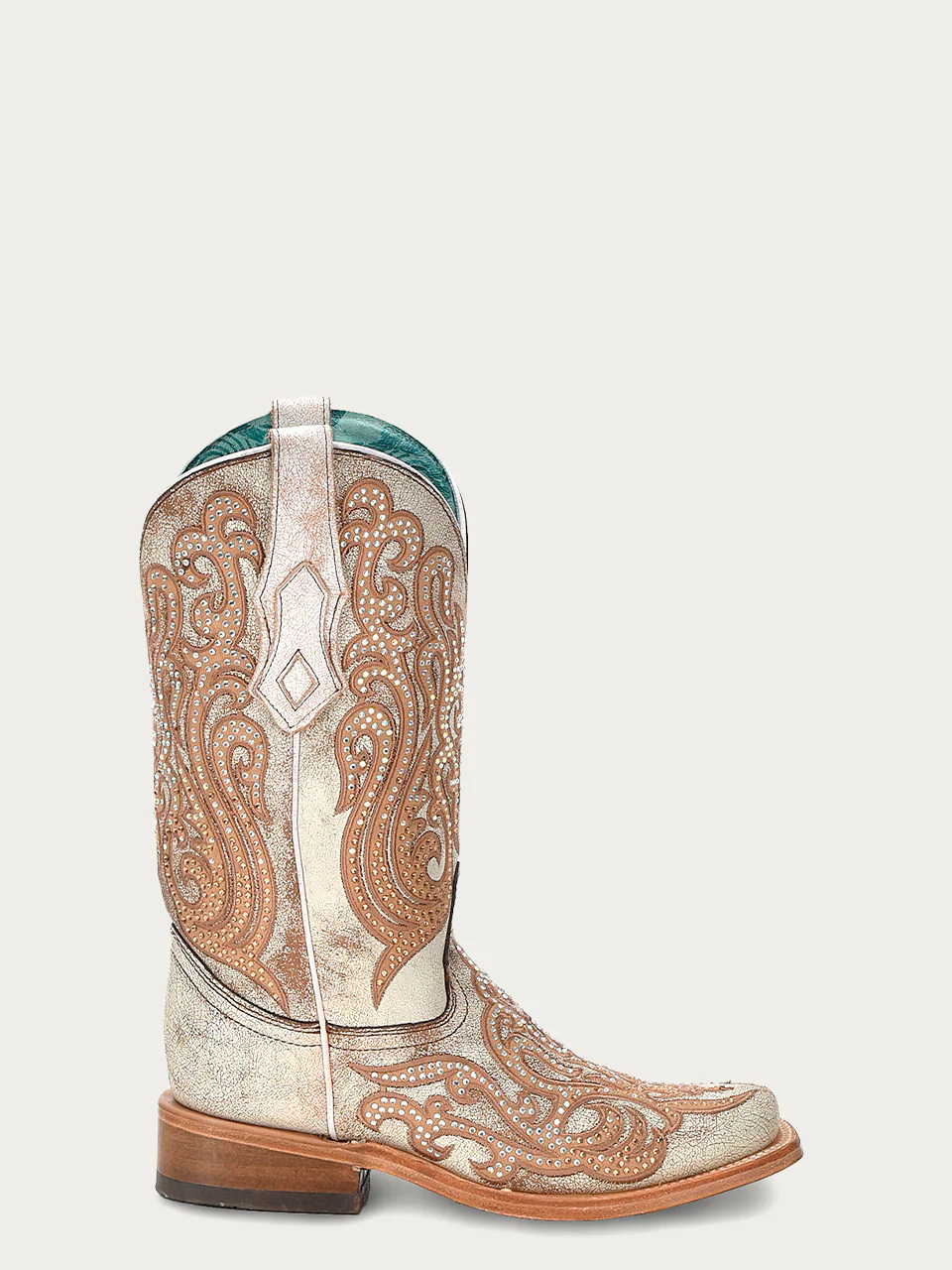 C4094 - WOMEN'S DISTRESSED WHITE WITH HONEY EMBROIDERY AND CRYSTALS SQUARE TOE COWBOY BOOT - Image 3