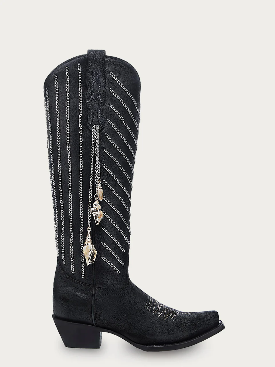 C4217 - WOMEN'S EMBROIDERY AND DELICATE CHAIN DETAILS WITH SHELL HANGING TALL TOP BLACK SNIP TOE COWBOY BOOT - Image 3