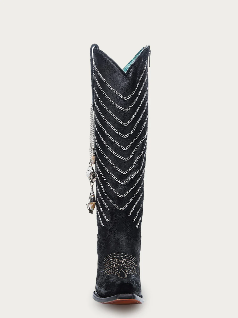 C4217 - WOMEN'S EMBROIDERY AND DELICATE CHAIN DETAILS WITH SHELL HANGING TALL TOP BLACK SNIP TOE COWBOY BOOT - Image 4