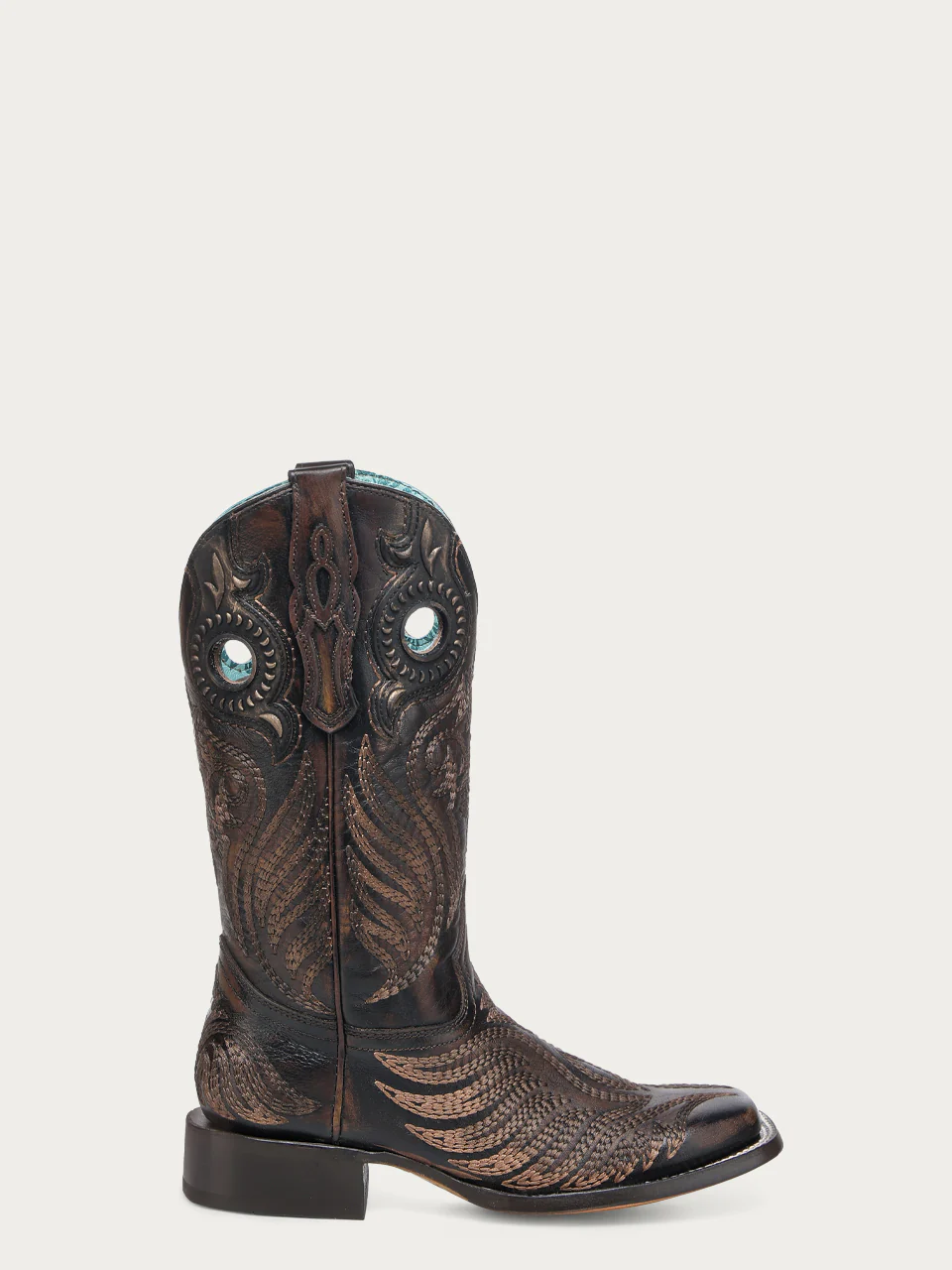 A4841 - WOMEN'S EMBROIDERY AND OVERLAY WITH RUBBER APPLICATIONS BAND BLACKED HONEY WIDE SQUARE TOE COWBOY BOOT WITH PULL HOLES - Image 3