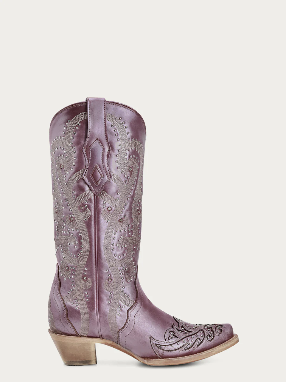 A4512 - WOMEN'S EMBROIDERY WITH CRYSTALS AND STUDS METALIC LILAC SNIP TOE STUDDED WING TIP COWBOY BOOT - Image 3