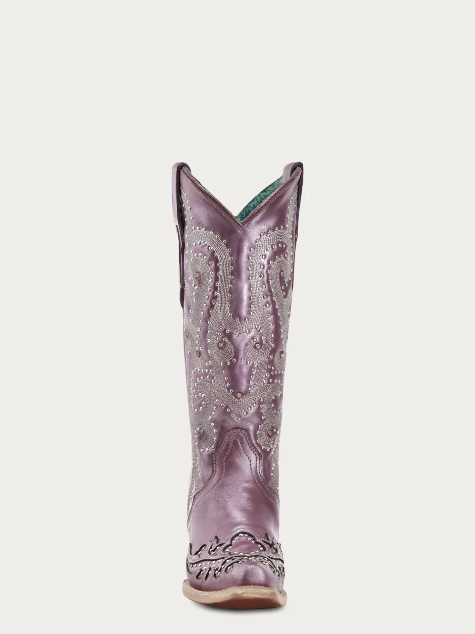 A4512 - WOMEN'S EMBROIDERY WITH CRYSTALS AND STUDS METALIC LILAC SNIP TOE STUDDED WING TIP COWBOY BOOT - Image 4