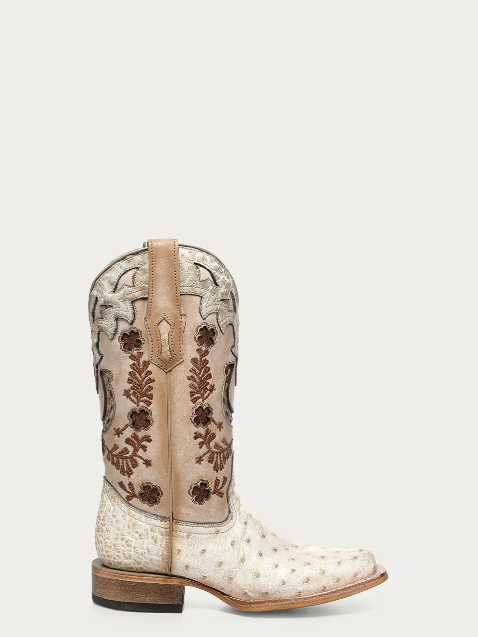 A4850 - WOMEN'S FLORAL AND HORSE-SHOE EMBROIDERY, WOVEN AND OVERLAY COWHIDE AND OSTRICH SQUARE TOE IVORY COWBOY BOOT - Image 3