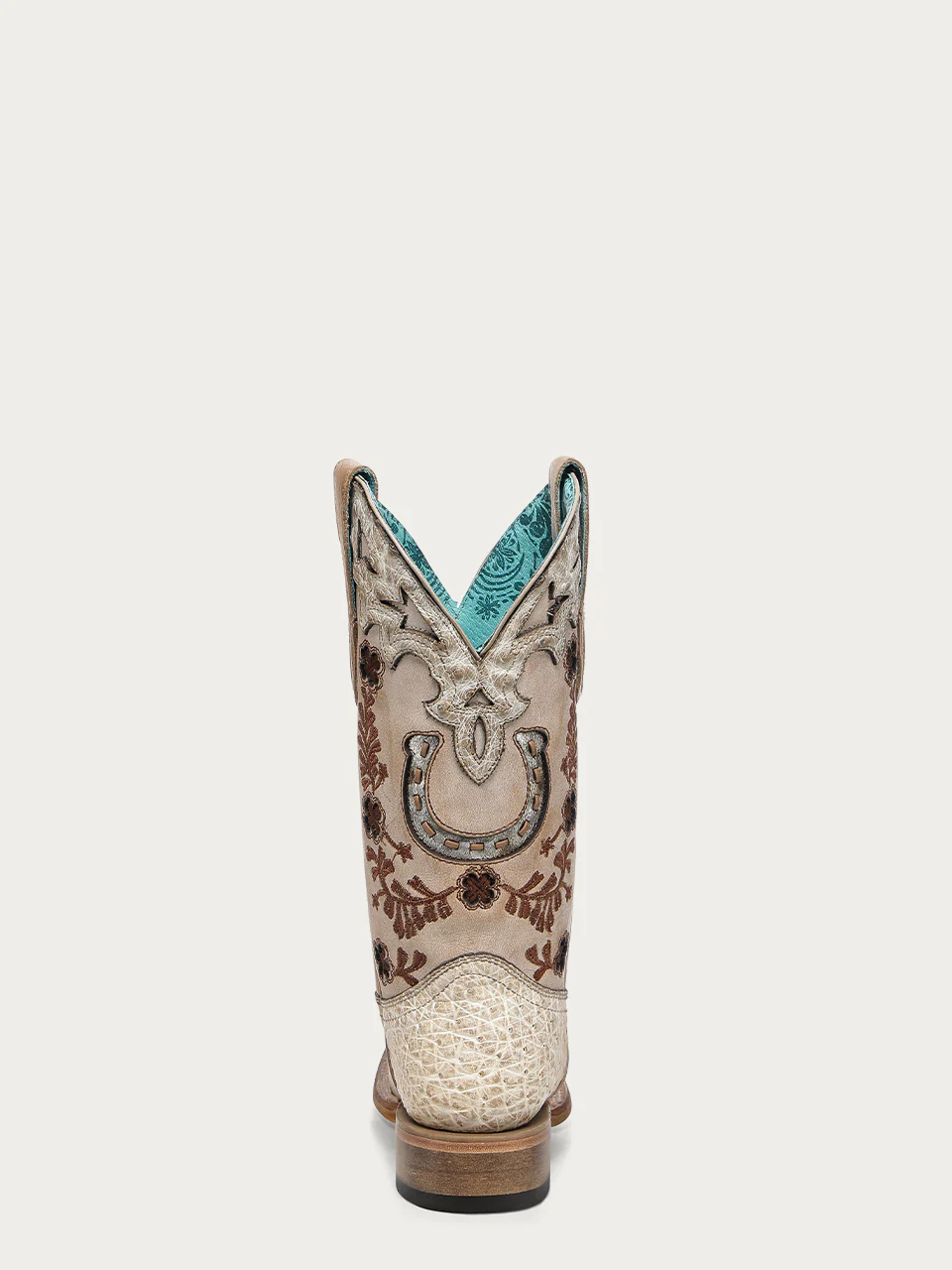 A4850 - WOMEN'S FLORAL AND HORSE-SHOE EMBROIDERY, WOVEN AND OVERLAY COWHIDE AND OSTRICH SQUARE TOE IVORY COWBOY BOOT - Image 5
