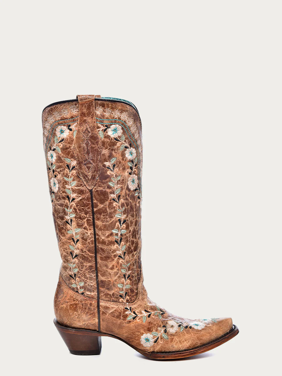 A4439 - WOMEN'S GLOW IN THE DARK FLORAL EMBROIDERY DISTRESS COGNAC SNIP TOE COWBOY BOOT - Image 3
