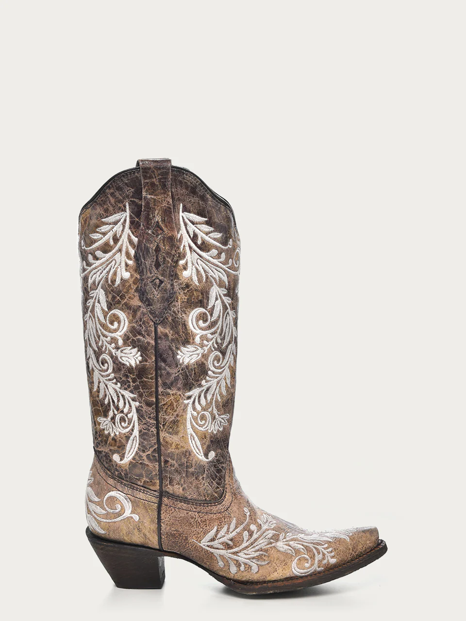 A3753 - WOMEN'S GLOW IN THE DARK WHITE FEATHERED FLORAL EMBROIDERY BROWN SNIP TOE COWBOY BOOT - Image 3