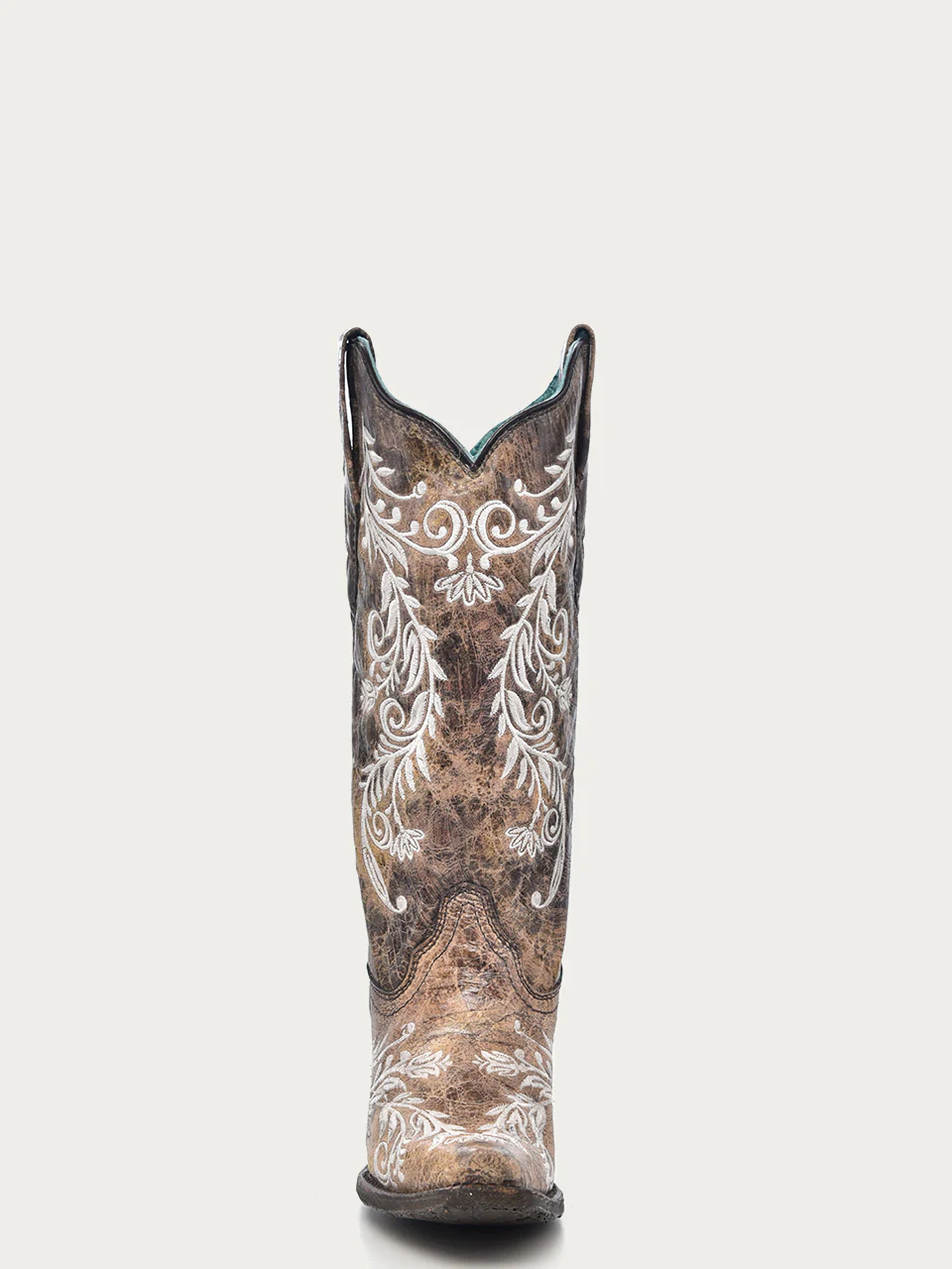 A3753 - WOMEN'S GLOW IN THE DARK WHITE FEATHERED FLORAL EMBROIDERY BROWN SNIP TOE COWBOY BOOT - Image 4