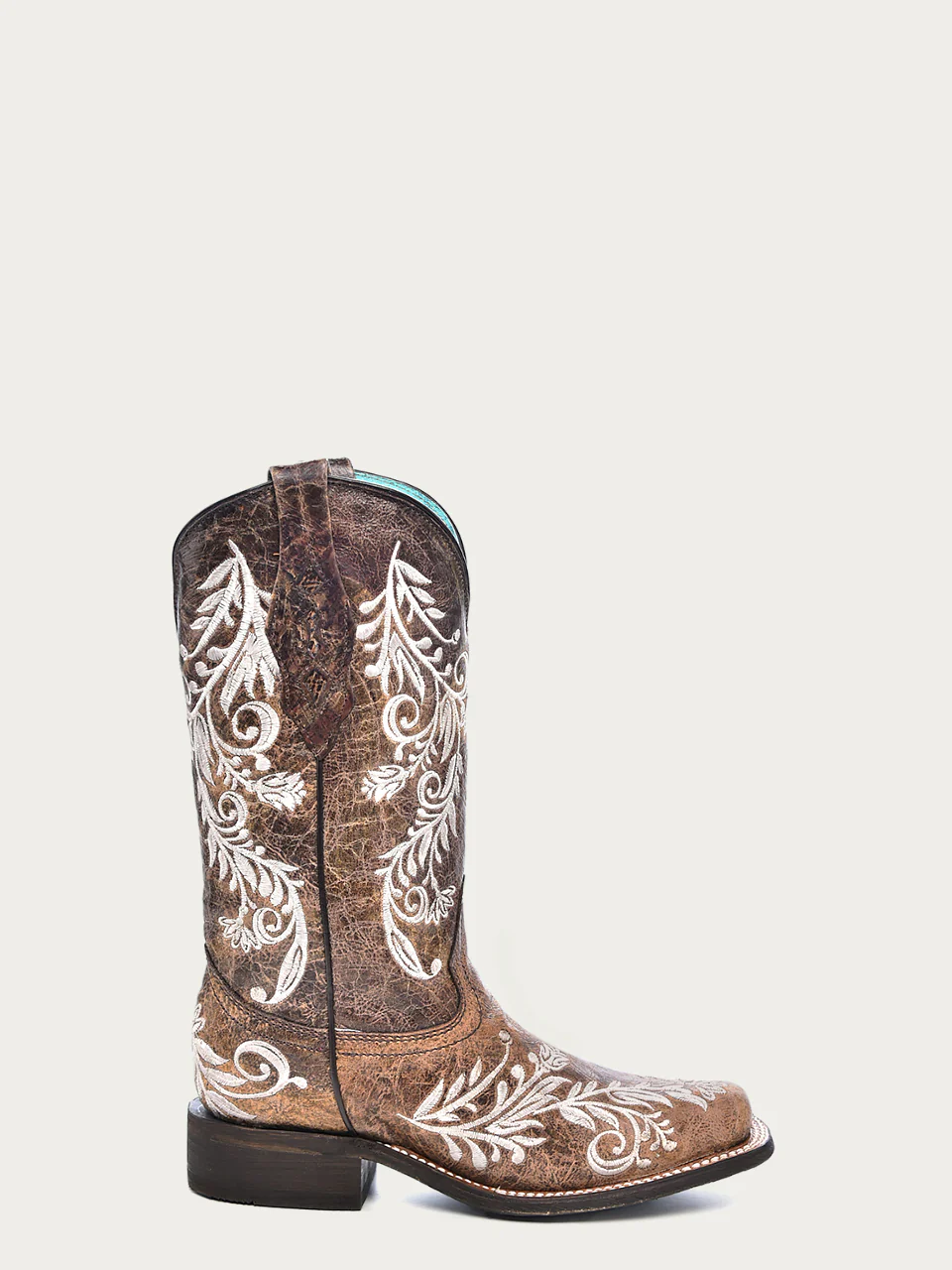 A4063 - WOMEN'S GLOW IN THE DARK WHITE FEATHERED FLORAL EMBROIDERY BROWN SQUARE TOE COWBOY BOOT - Image 3