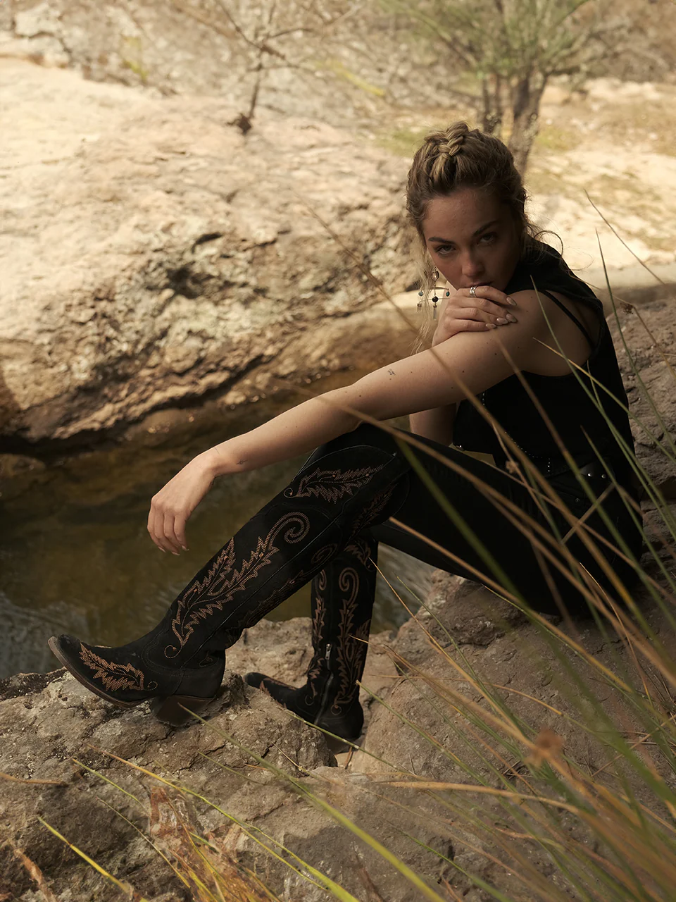 A4404 - WOMEN'S GOLD EMBROIDERY BLACK SUEDE TALL TOP J TOE COWBOY BOOT - Image 4