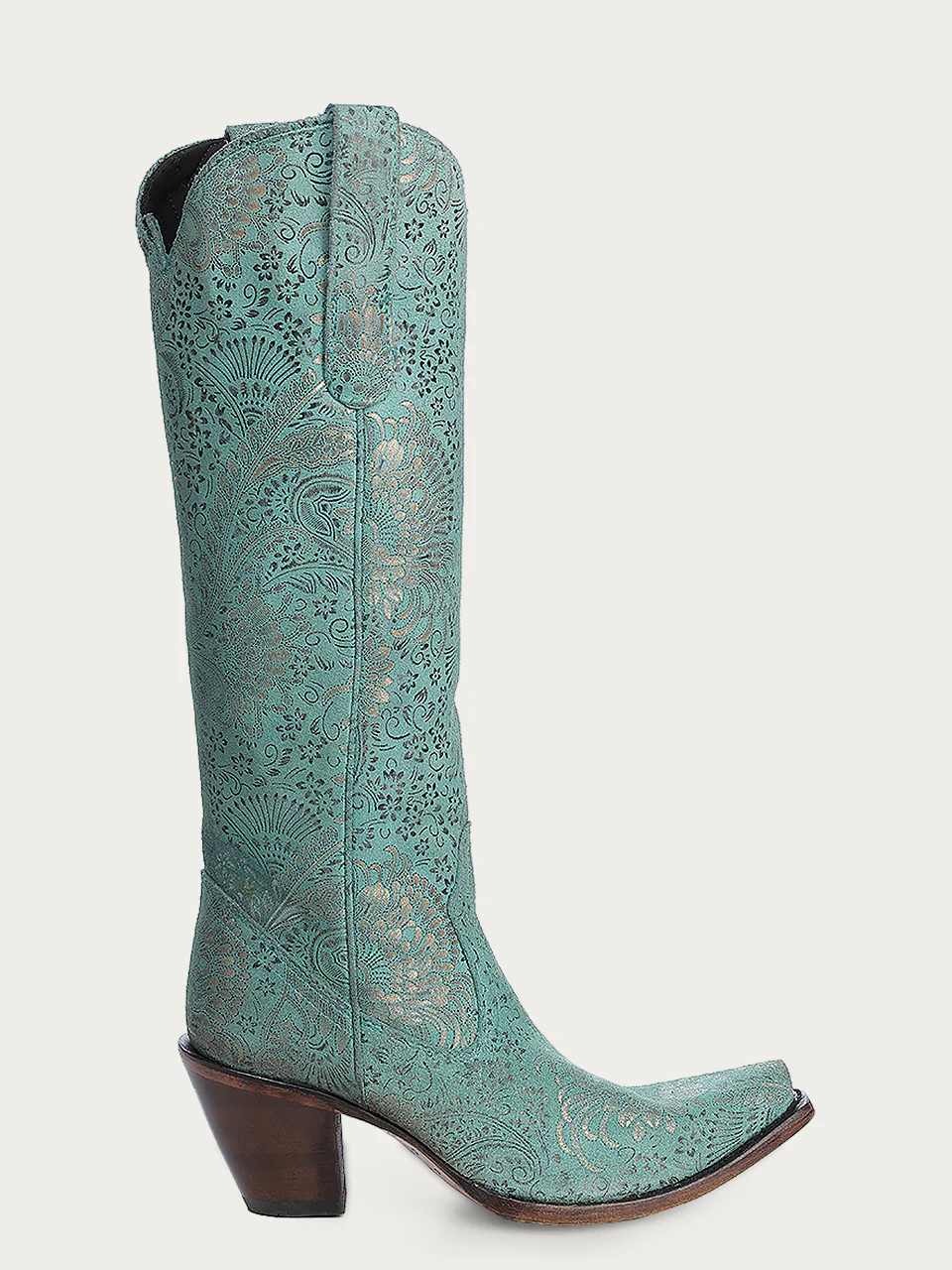 A4587 - WOMEN'S GOLD STAMPED FLORAL TURQUOISE SNIP TOE COWBOY BOOT - Image 3